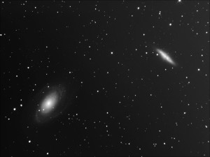 M81 (left) and M82 (right) including SN2014J supernova in M82, 25th Jan 2014. Luminance data only.
