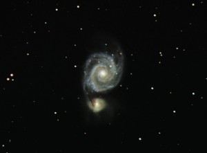 M51 spiral galaxy and NGC 5195. Luminance = 23 x 600 sec unbinned. RGB all binned x3. R=15 x 200sec. G=15 x 240sec. B=9 x 320 sec. 18th Apr 2014.